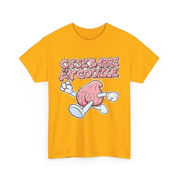 Un T-shirt jaune Ça se barre en couille avec des couilles qui courent