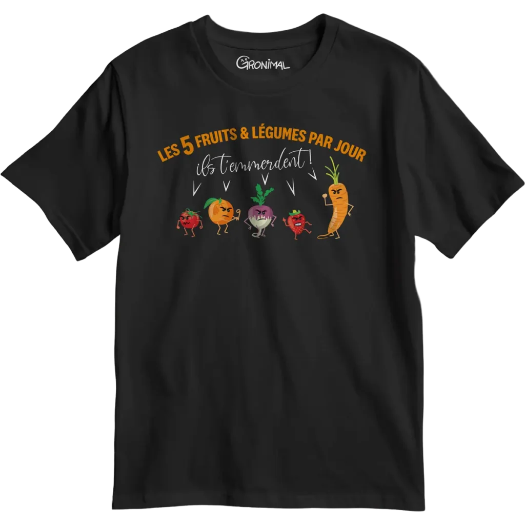 T-shirt noir humoristique Les 5 fruits et légumes par jour avec fruits et légumes cartoon – Gronimal