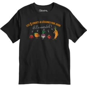 T-shirt noir humoristique Les 5 fruits et légumes par jour avec fruits et légumes cartoon – Gronimal