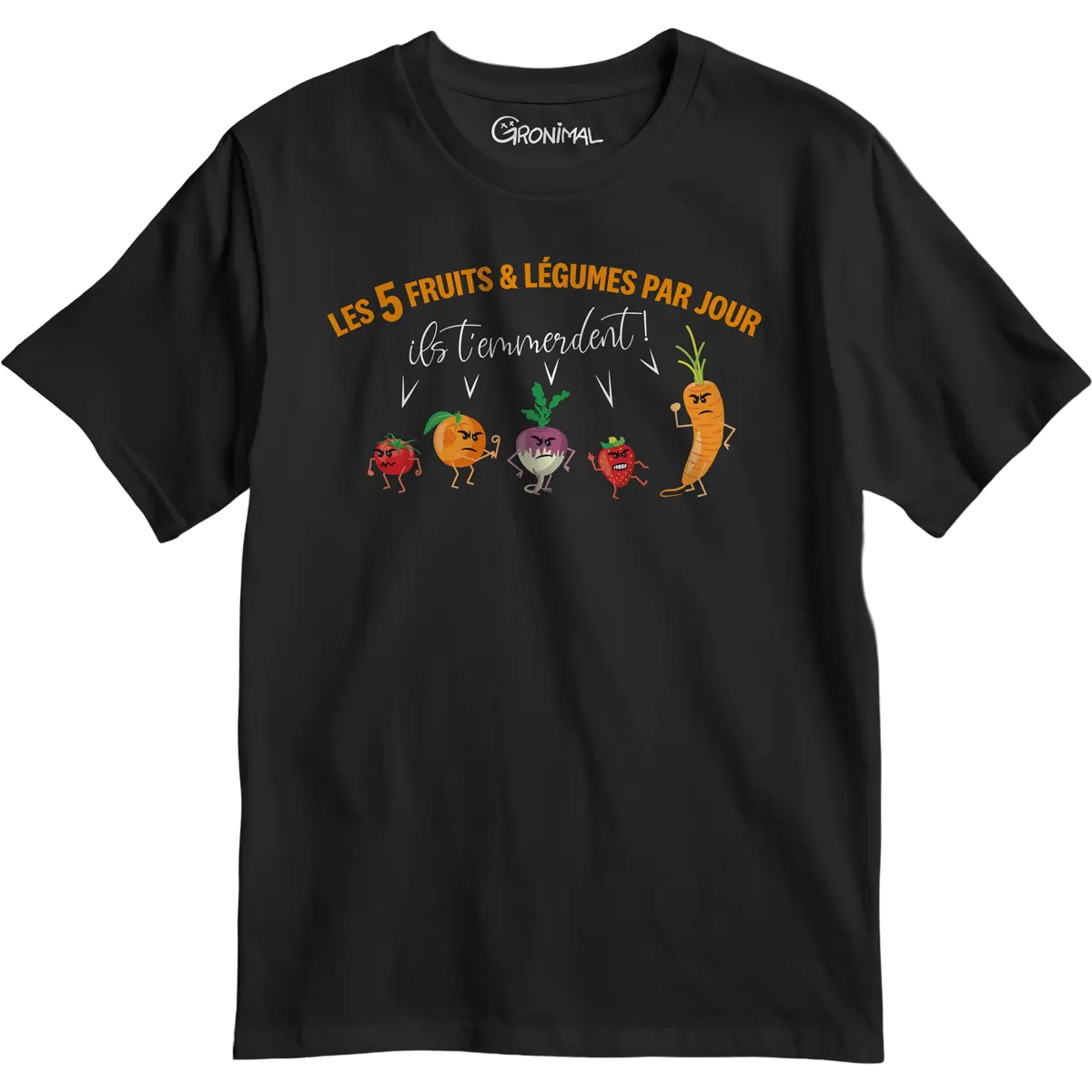 T-shirt noir humoristique Les 5 fruits et légumes par jour avec fruits et légumes cartoon – Gronimal