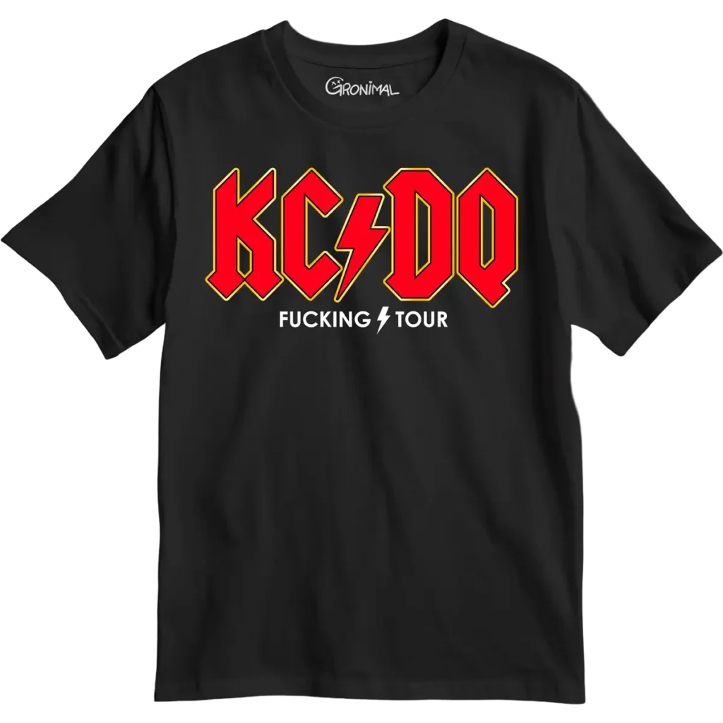 T-shirt noir KCDQ FUCKING TOUR humoristique, faux t-shirt de tournée rock avec villes et prénoms au dos - Gronimal