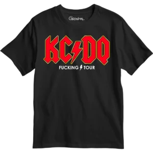 T-shirt noir KCDQ FUCKING TOUR humoristique, faux t-shirt de tournée rock avec villes et prénoms au dos - Gronimal