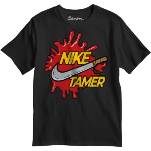 T-shirt noir humoristique « NIKE TA MÈRE » avec design rouge jaune et gris, vêtement streetwear décalé Gronimal