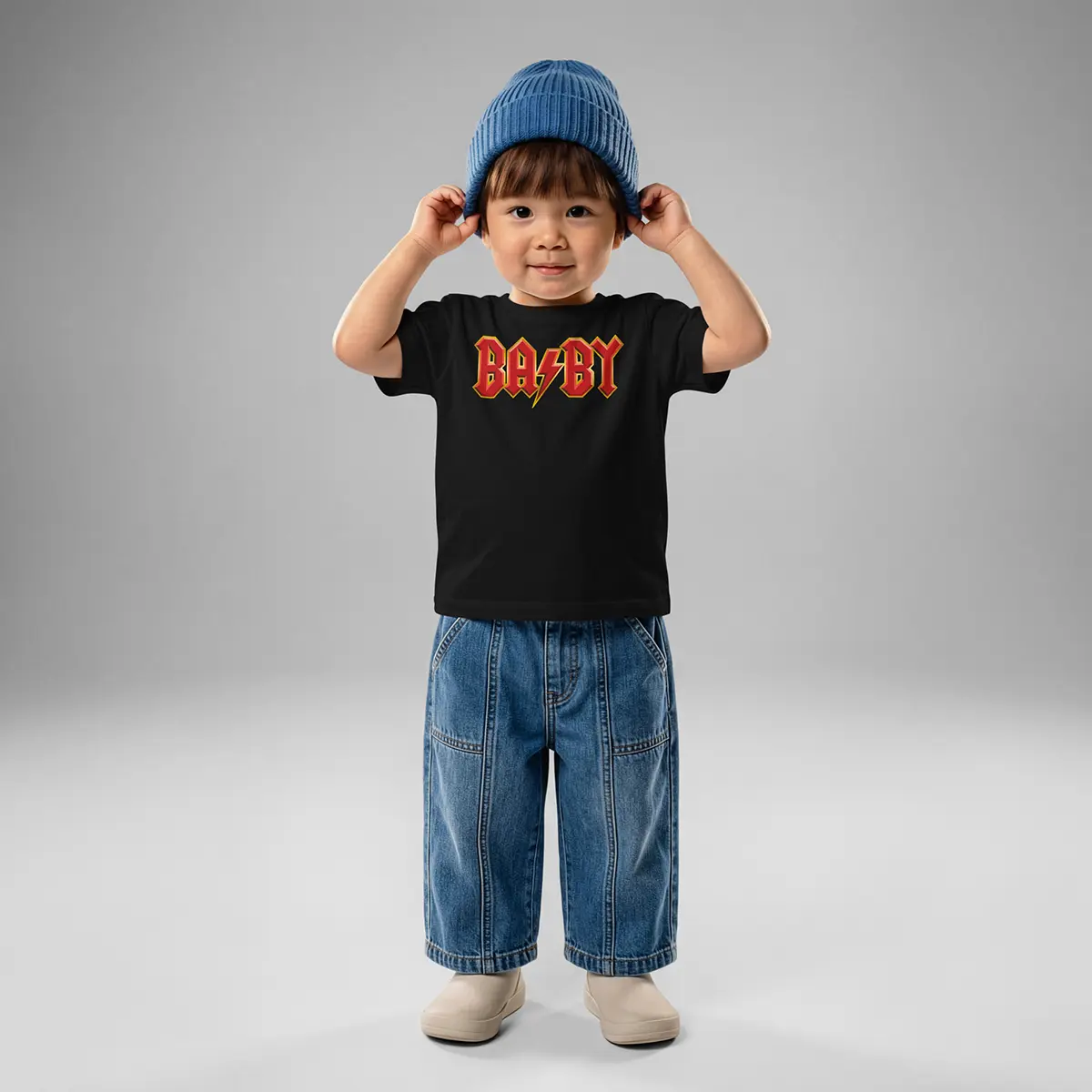 T-shirt noir pour bébé BABY au design rock rouge et jaune avec éclair, style ACDC -Gronimal